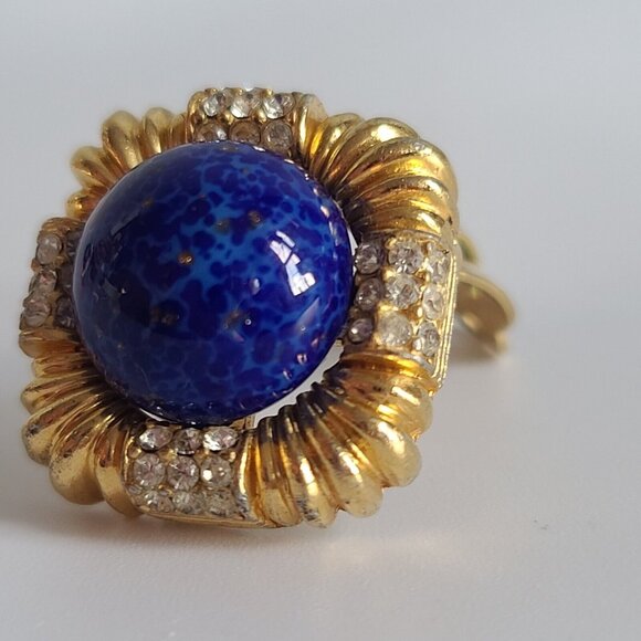 Ciner Glass Blue Lapis Lazuli Cabochon Gold Tone Clip Earrings Retro Large Huge - Picture 7 of 8